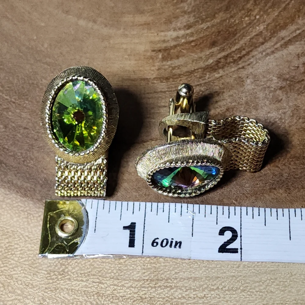 Vintage RARE Gold Tone Mesh Wrap Cufflinks Watermelon Glass Rivoli Gemstones